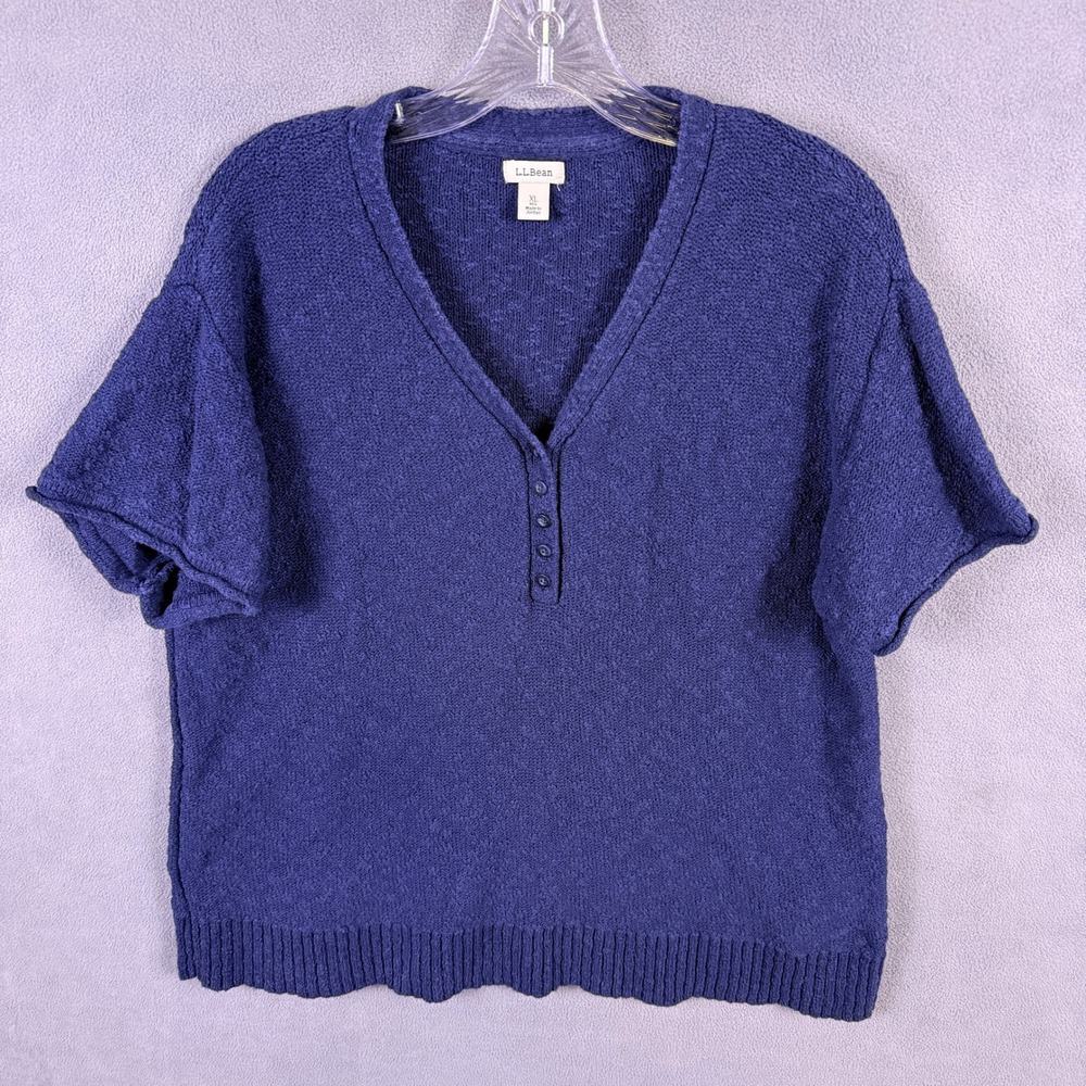 LL Bean Sweater Women XL Blue Short Sleeve Cotton Knit Henley V-Neck Casual